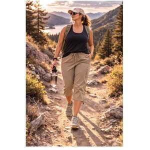 DANSKIN NOW‎ Drawstring Utility Capris Nylon Blend Tan Barley Sz XL 16 18 Active